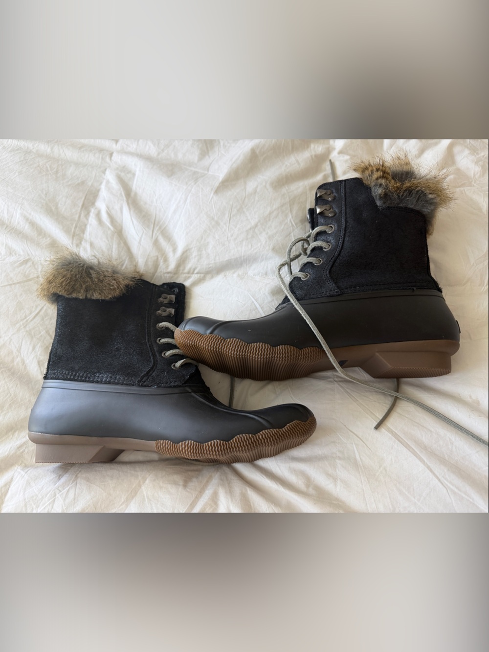Sperry Black and Brown Faux-Fur Lace-Up Duck Boots